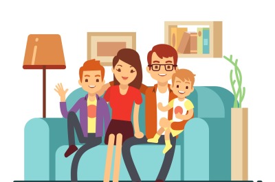 Smiling young happy family on sofa. Man, woman and their children in l