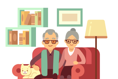 Old happy family - husband and wife on sofa at home. Retirement vector