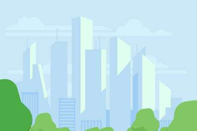 Cartoon public city park with skyscrapers cityscape vector illustratio