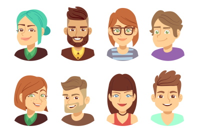 Happy vector characters. Young man and woman smiling faces avatar coll