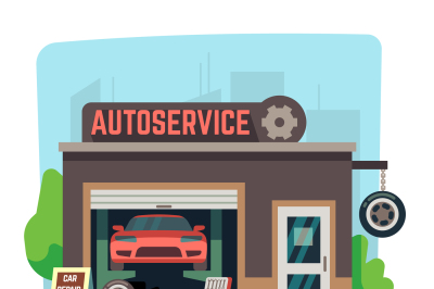 Car repair mechanic shop with automobile inside auto garage vector ill