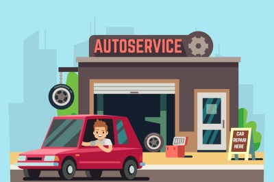 Car service station or repair garage with happy customer vector illust