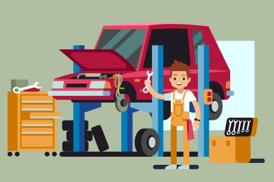 Smiling professional car repair man fixing automobile in auto service 