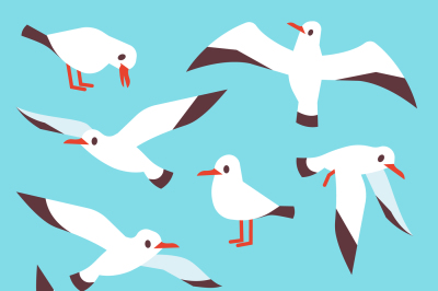 Cartoon atlantic seabird, seagulls flying in blue sky vector set