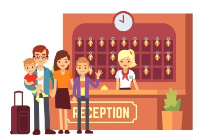 Hotel reservation vector concept with young happy family at reception.