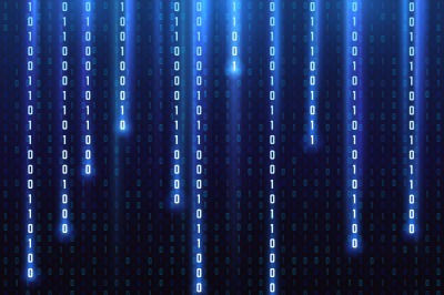 Big data vector concept with falling down glowing binary numbers. Digi