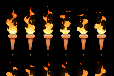 Torch animation with cartoon fire blaze sequence sprites vector set