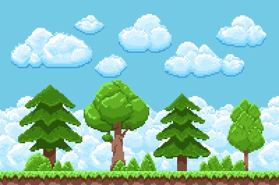 Pixel game vector landscape with trees&2C; sky and clouds for 8 bit vinta