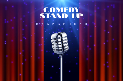 Comedy Stand up vector background with retro microphone on stage and r