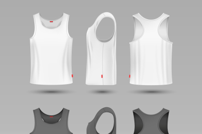 Mans white blank tank singlet. Male shirt without sleeves vector templ