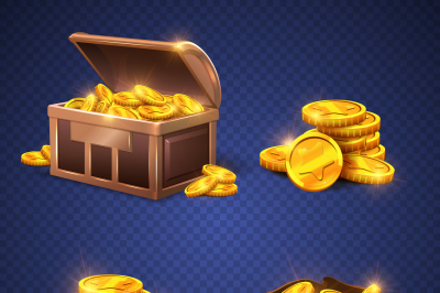 Wooden chest and big old bag with gold coins, money stack isolated