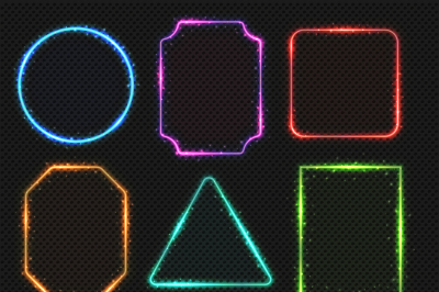 Multicolored neon vector border frames. Simple shapes of light banners