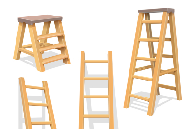 Wood household steps. Isolated wooden ladder vector set