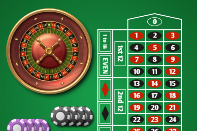 Online casino roulette and gambling table with chips vector set