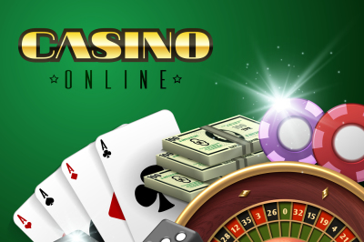 Online casino gambling vector background with roulette, dice and poker