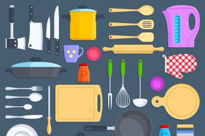 Kitchen tools, cookware and kitchenware flat icons set