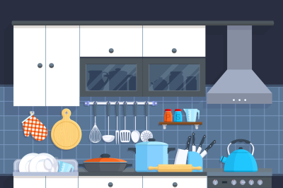 Kitchen home interior with oven and kitchenware vector illustration