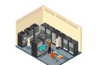Computer hardware in network server room with staff. Isometric securit