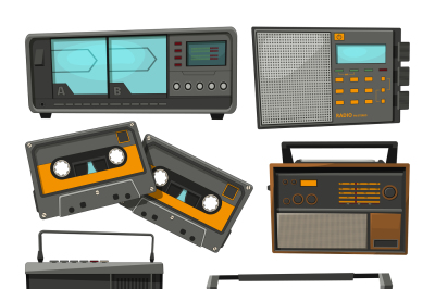 Cartoon illustrations of old music cassette recorders, players and rad