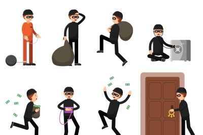 Criminal illustrations of theif characters in different action poses