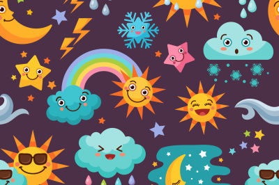 Various funny weather icons set. Cartoon seamless pattern