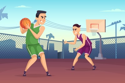 Background illustrations of basketball players playing on the court