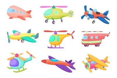 Illustrations of aeroplanes in cartoon style. Various toys for kids