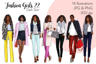 Watercolor Fashion Clipart - Fashion Girls 22 - Dark Skin