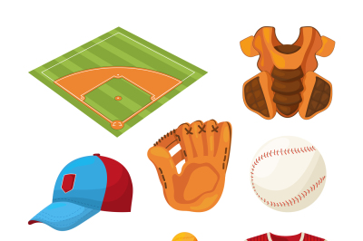 Baseball cartoon icons set isolate on white