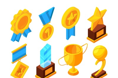 Medals of honor and different sport trophies. Isometric vector illustr