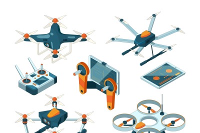 Different isometric illustrations of drones and quadcopters