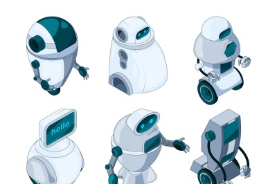 Robots assistant. Colored isometric pictures