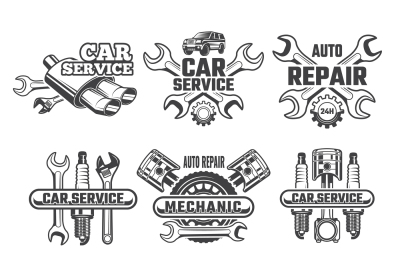 Vintage labels set with illustrations of automobile tools