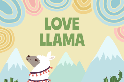 Background vector picture of llama, mountains and cactus. Cartoon illu