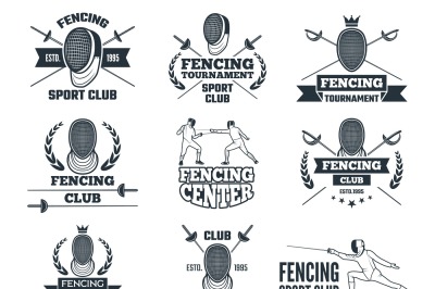 Labels set for fencing sport. Monochrome pictures of rapiers, sword ma