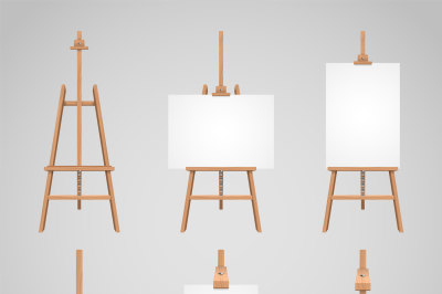 Set illustrations of canvases standing on wooden easels