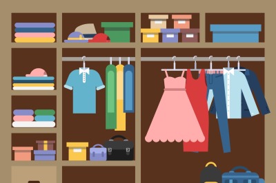 Large wardrobe with different clothes. Vector illustration in flat sty