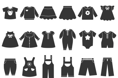 Vector monochrome illustrations of children clothes