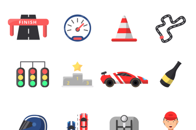 Flat icon set of formula 1 cars and racing symbols