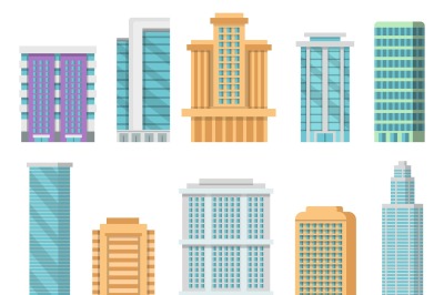 Flat illustrations of various modern skyscrapers and other business bu