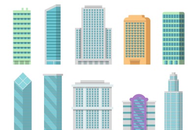 Vector office buildings isolate on white. Illustrations of modern skys