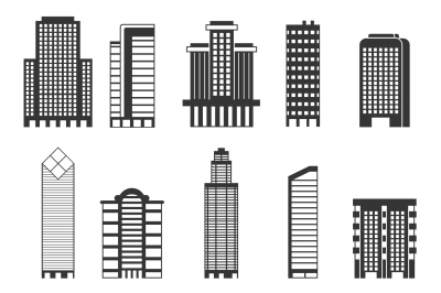 Monochrome illustrations of urban buildings. Business offices in skysc