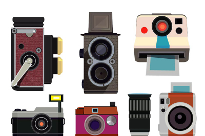 Retro photo cameras. Illustrations in cartoon style isolate