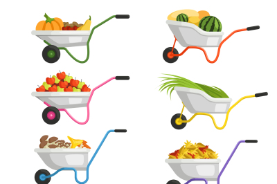 Set of wheelbarrows with different fruits and vegetables