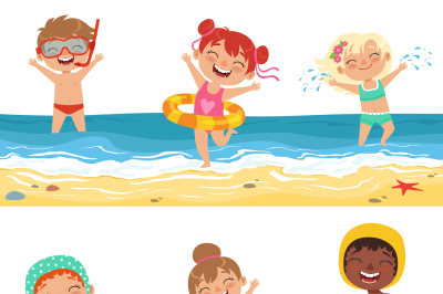 Kids playing in water. Vector characters isolate