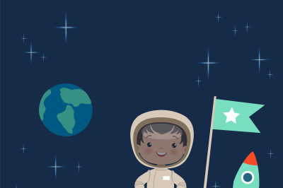 Kid astronaut standing on the moon. Space background illustration