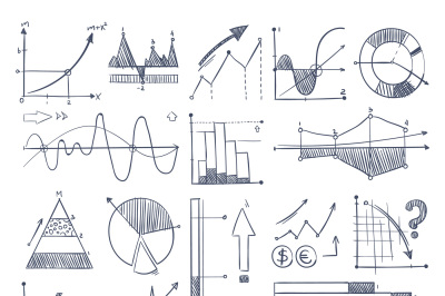 Business charts and diagrams set in doodle style. Vector pictures