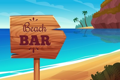 Summer background with wooden signboard on the beach