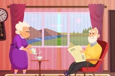 Vector background illustrations of Elderly couple, making home care