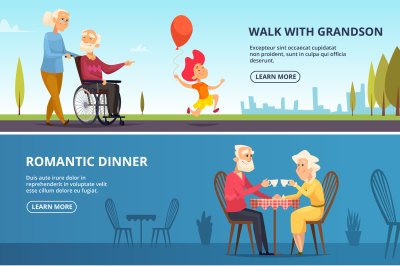 Horizontal banners set with illustrations of elderly couples in variou